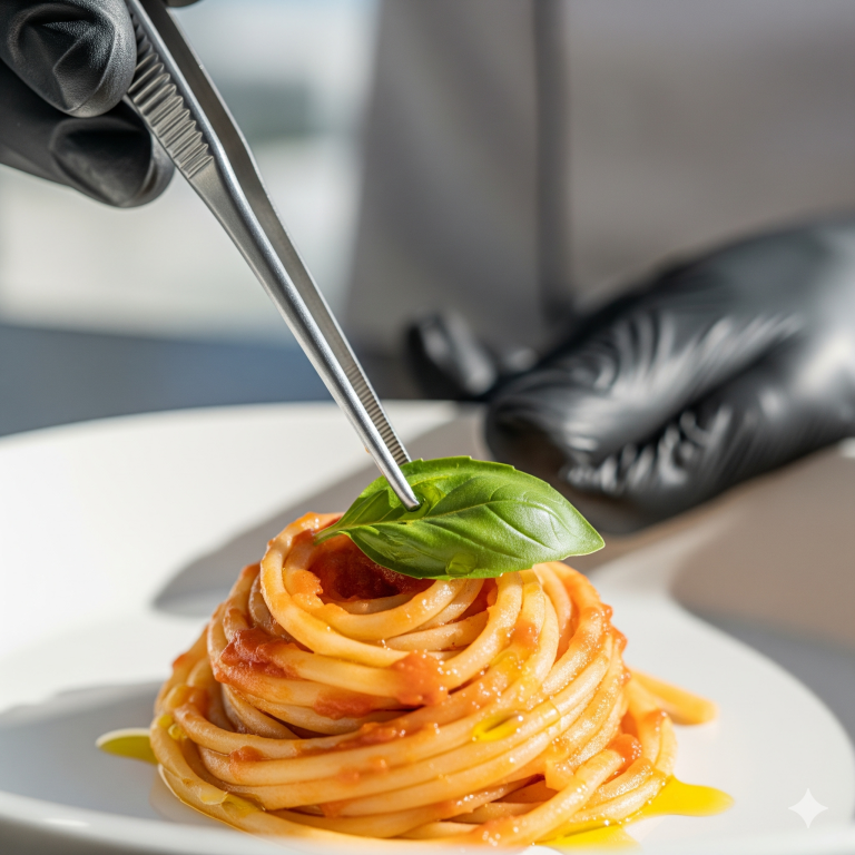 Uma pessoa com luvas pretas de chef usa uma pinça para colocar uma folha de manjericão fresco sobre um prato de massa com molho vermelho e azeite.