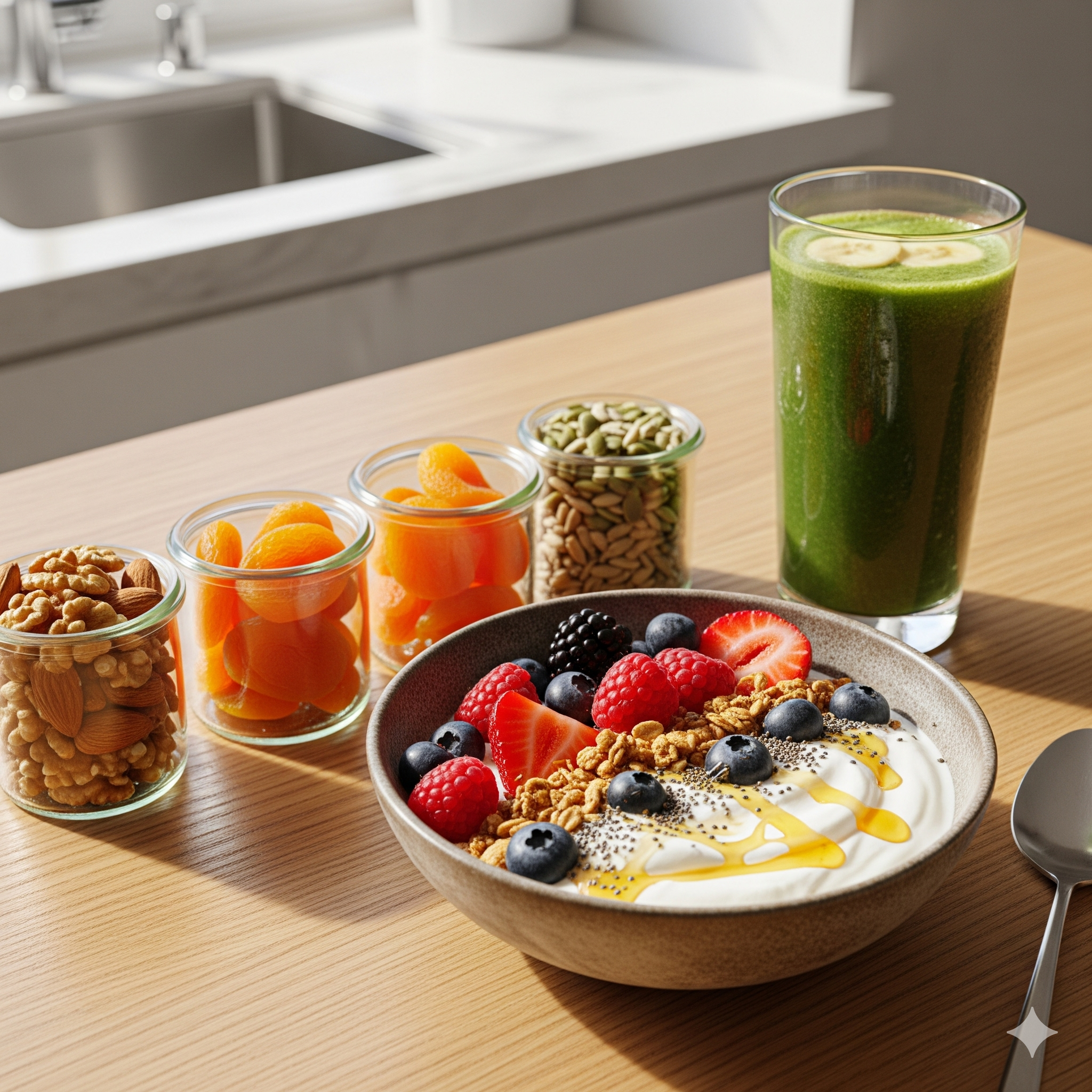  Uma vista de perto de uma mesa de madeira. No centro há uma tigela de iogurte com granola, sementes de chia, frutas vermelhas frescas e mel. Ao lado, potes de vidro contêm nozes e amêndoas, damascos secos e sementes de abóbora. À direita, um copo alto de um smoothie verde com fatias de banana. O fundo mostra uma cozinha moderna e bem iluminada com uma pia e uma bancada de mármore.