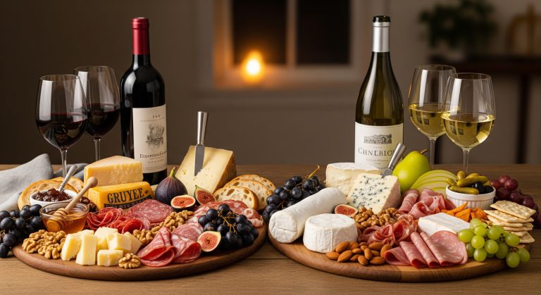 Imagem de uma tábua de queijos e frios. À esquerda, queijos curados e embutidos com um vinho tinto. À direita, queijos macios com um vinho branco.