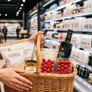 Cesta de compras com alimentos funcionais e premium do Pátio Gourmet, incluindo quinoa, aveia, cúrcuma e azeite.