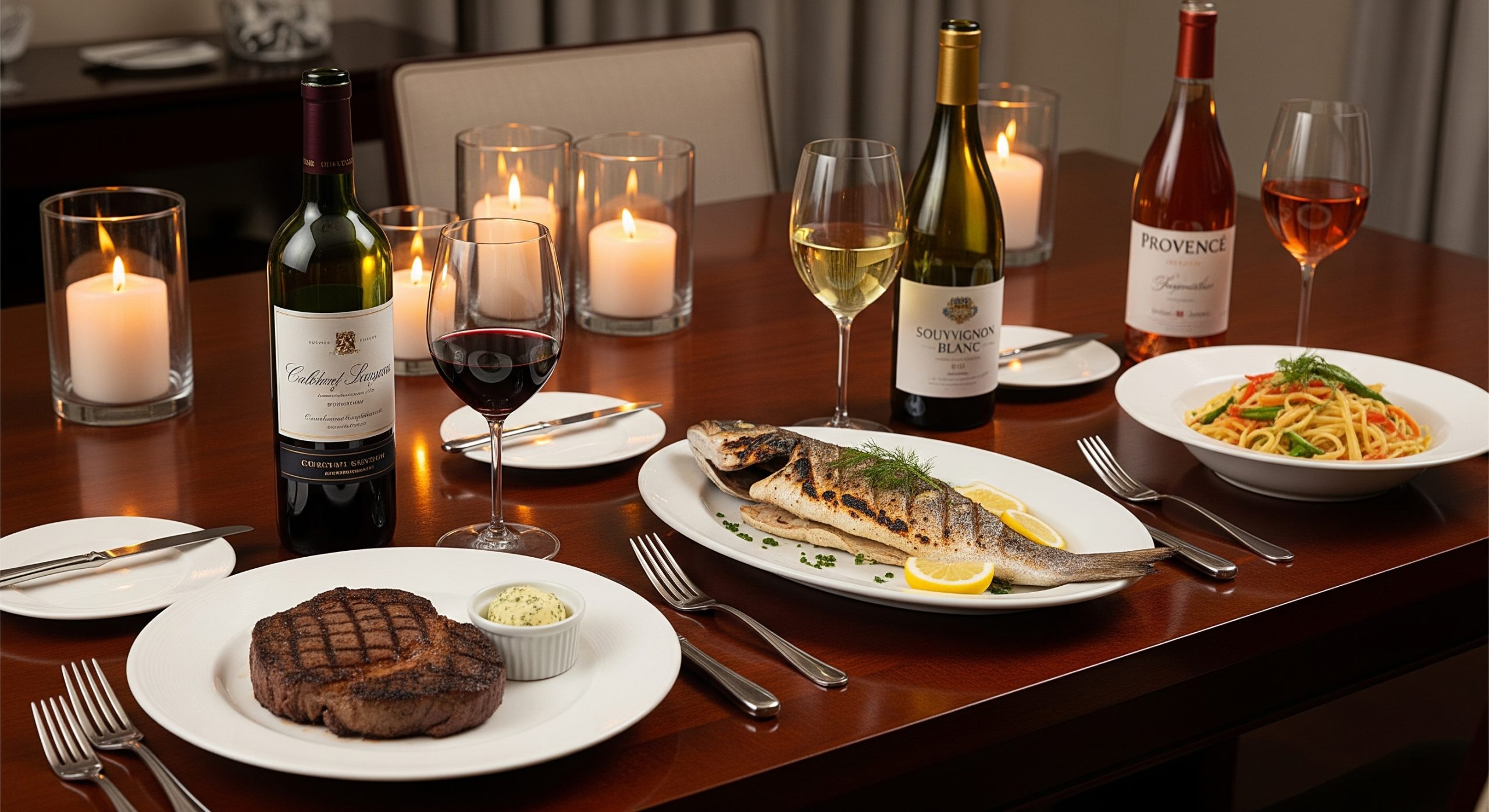 Jantar elegante à luz de velas com bife e vinho tinto, peixe e vinho branco, e massa e vinho rosé.