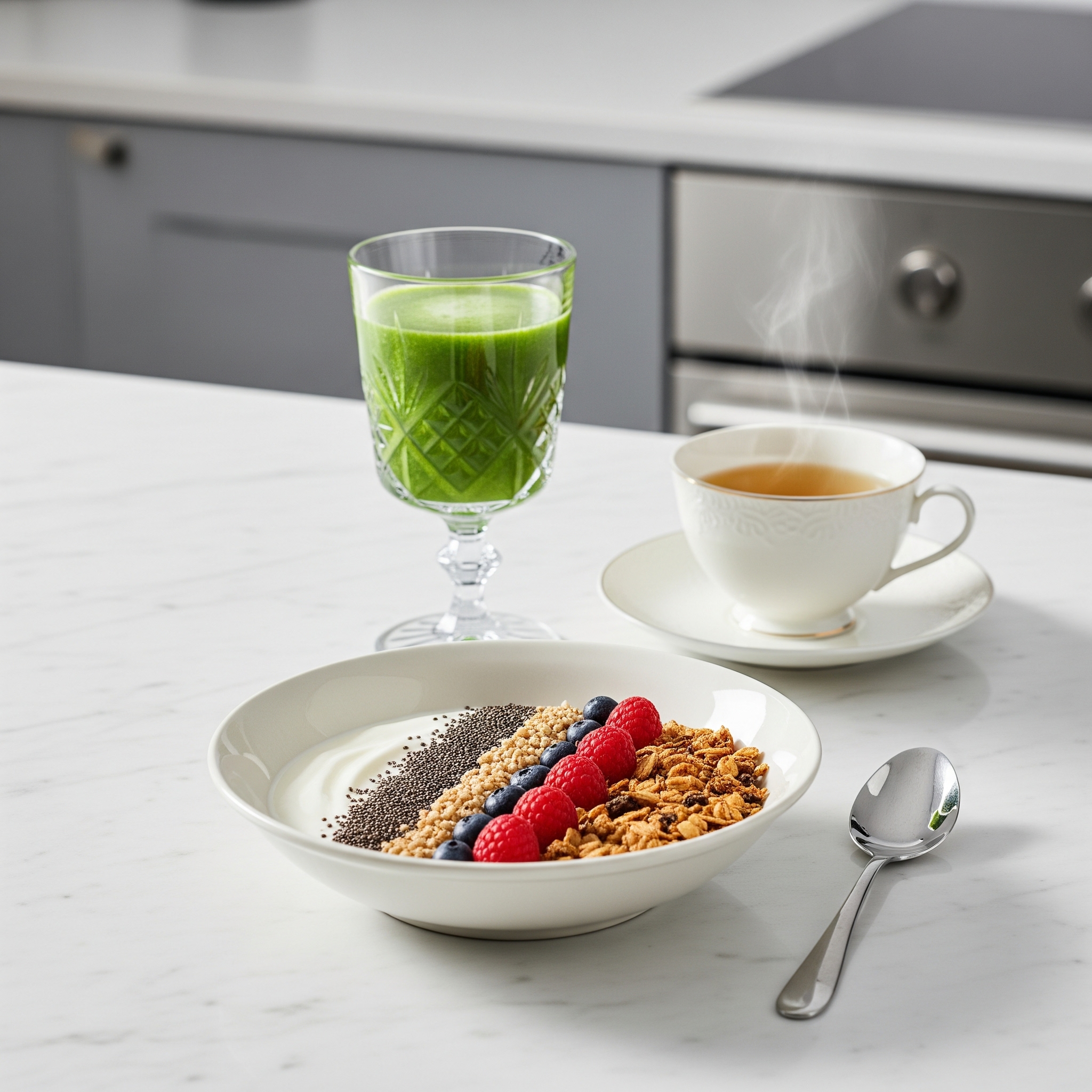 Café da manhã sofisticado com alimentos funcionais: iogurte com chia, frutas vermelhas, smoothie verde e chá em uma bancada de mármore.