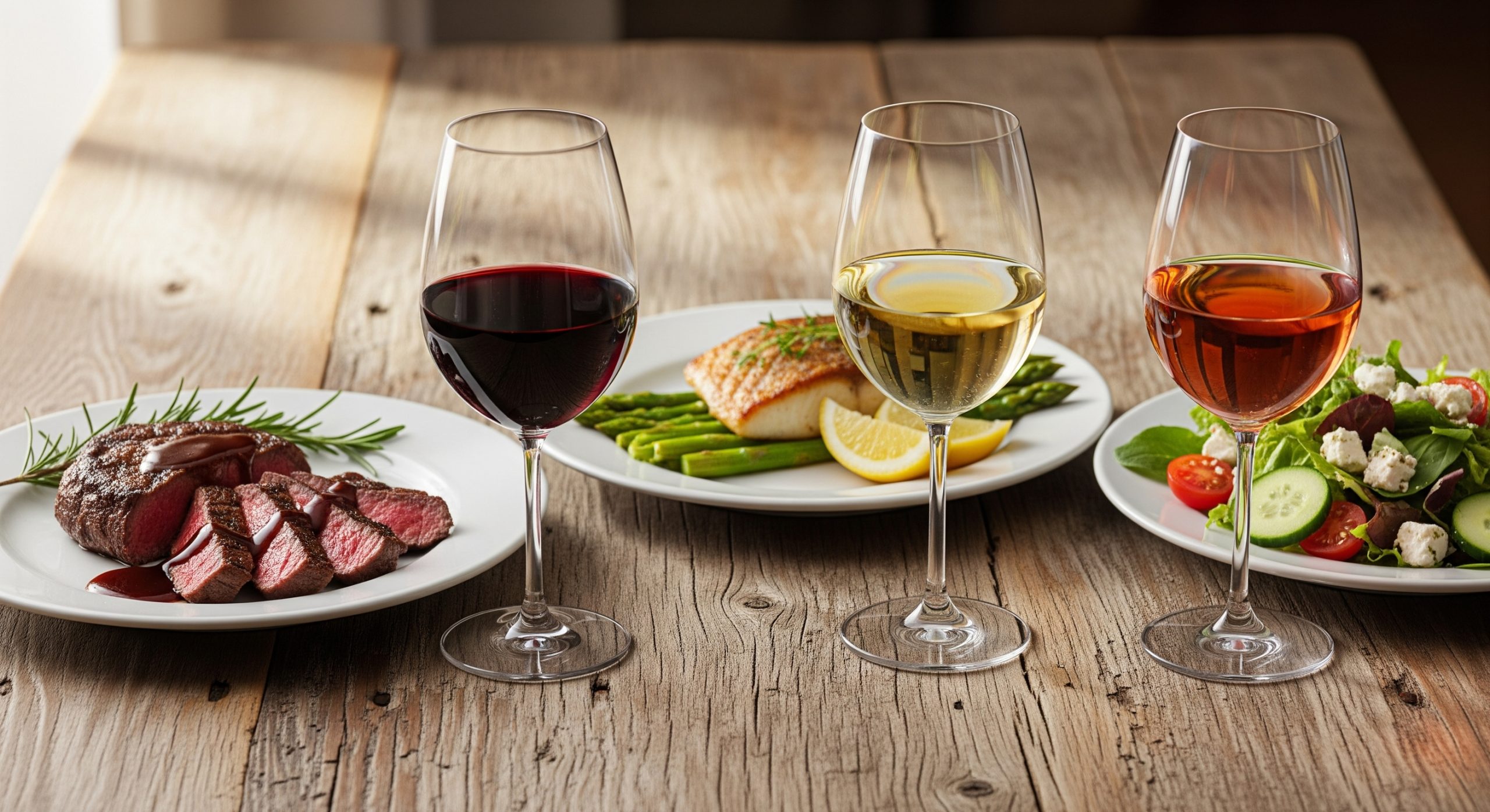 Mesa rústica com três harmonizações: bife e vinho tinto, peixe grelhado e vinho branco, salada e vinho rosé.