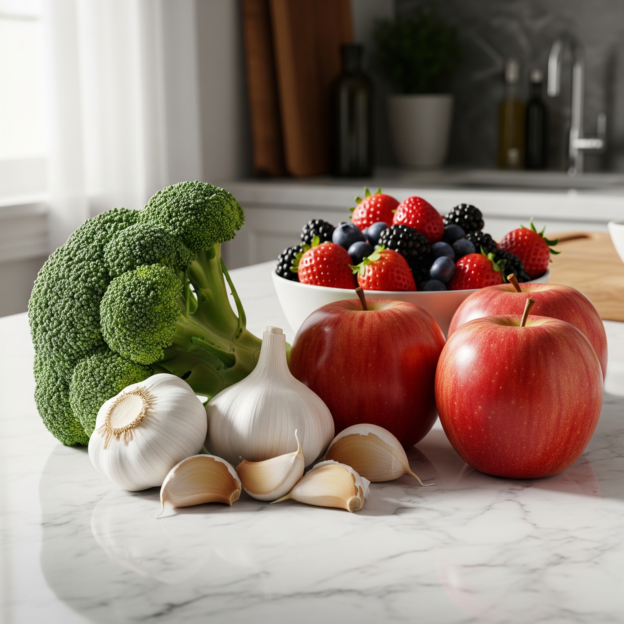 Composição de alimentos saudáveis para prevenção de doenças: brócolis, alho, maçãs e frutos vermelhos em uma bancada de mármore.