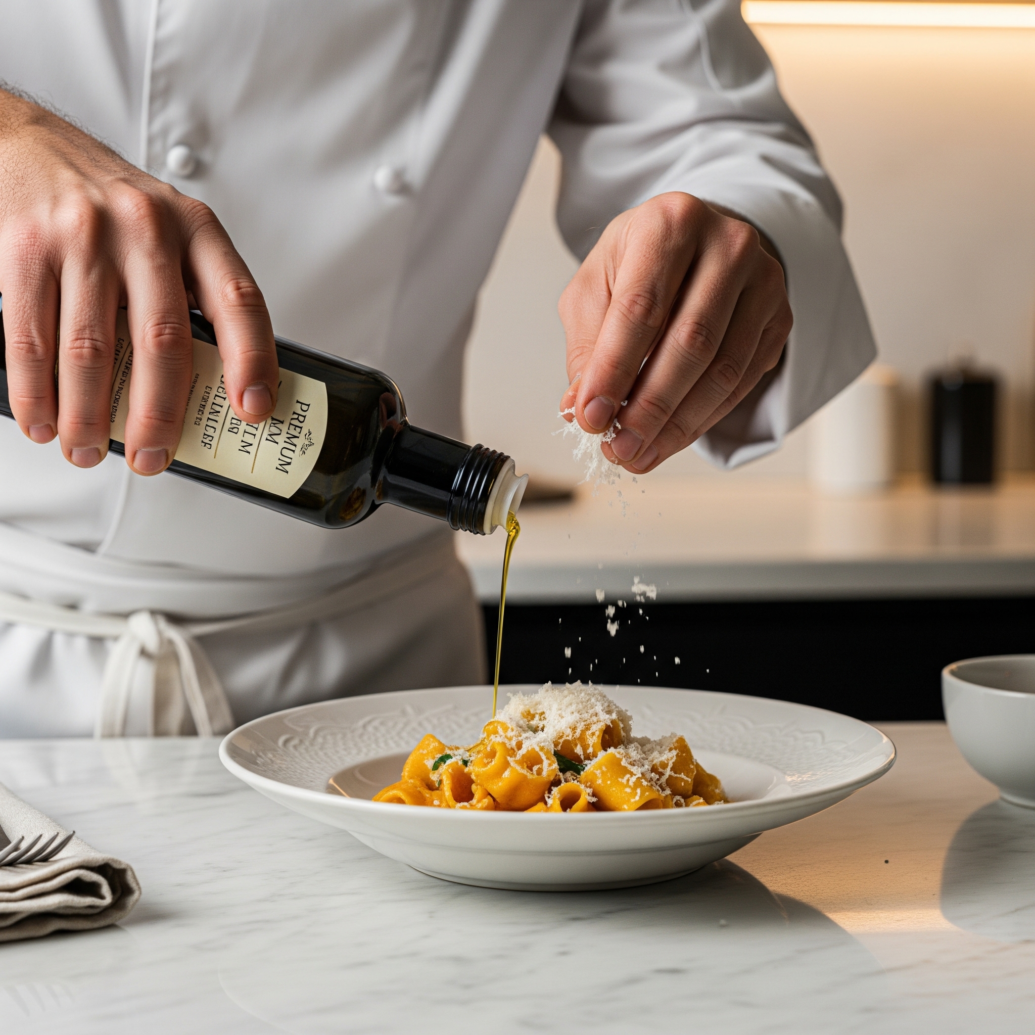 Mãos de chef finalizando massa artesanal com azeite de oliva e queijo parmesão ralado em cozinha sofisticada.