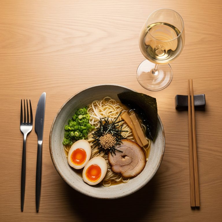 Mesa de jantar minimalista com ramen japonês gourmet, ovo, hashi e taça de vinho branco, vista de cima.