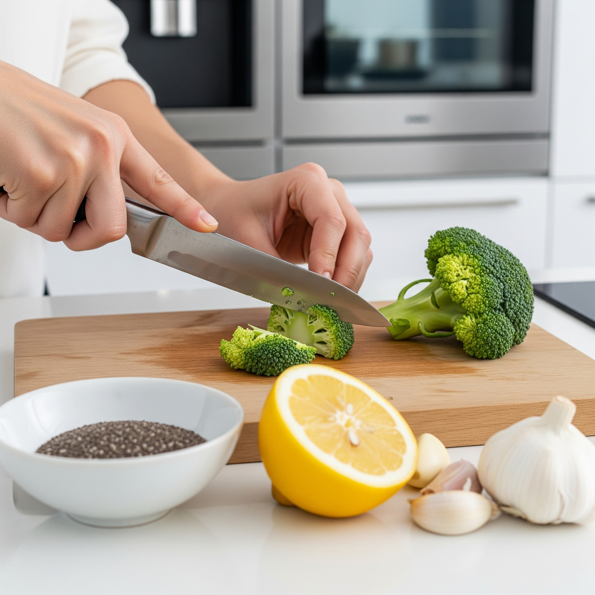 Mãos cortando brócolis em uma cozinha moderna, com ingredientes funcionais como chia, limão e alho ao redor.