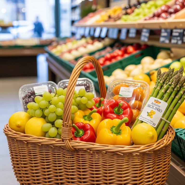 Cesta de compras de vime cheia de frutas e vegetais frescos, como uvas, pimentões e aspargos, no setor de hortifrúti do Pátio Gourmet.
