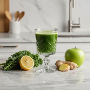 Suco verde em um copo de cristal sobre uma bancada de mármore, cercado por couve, limão, gengibre e maçã verde.