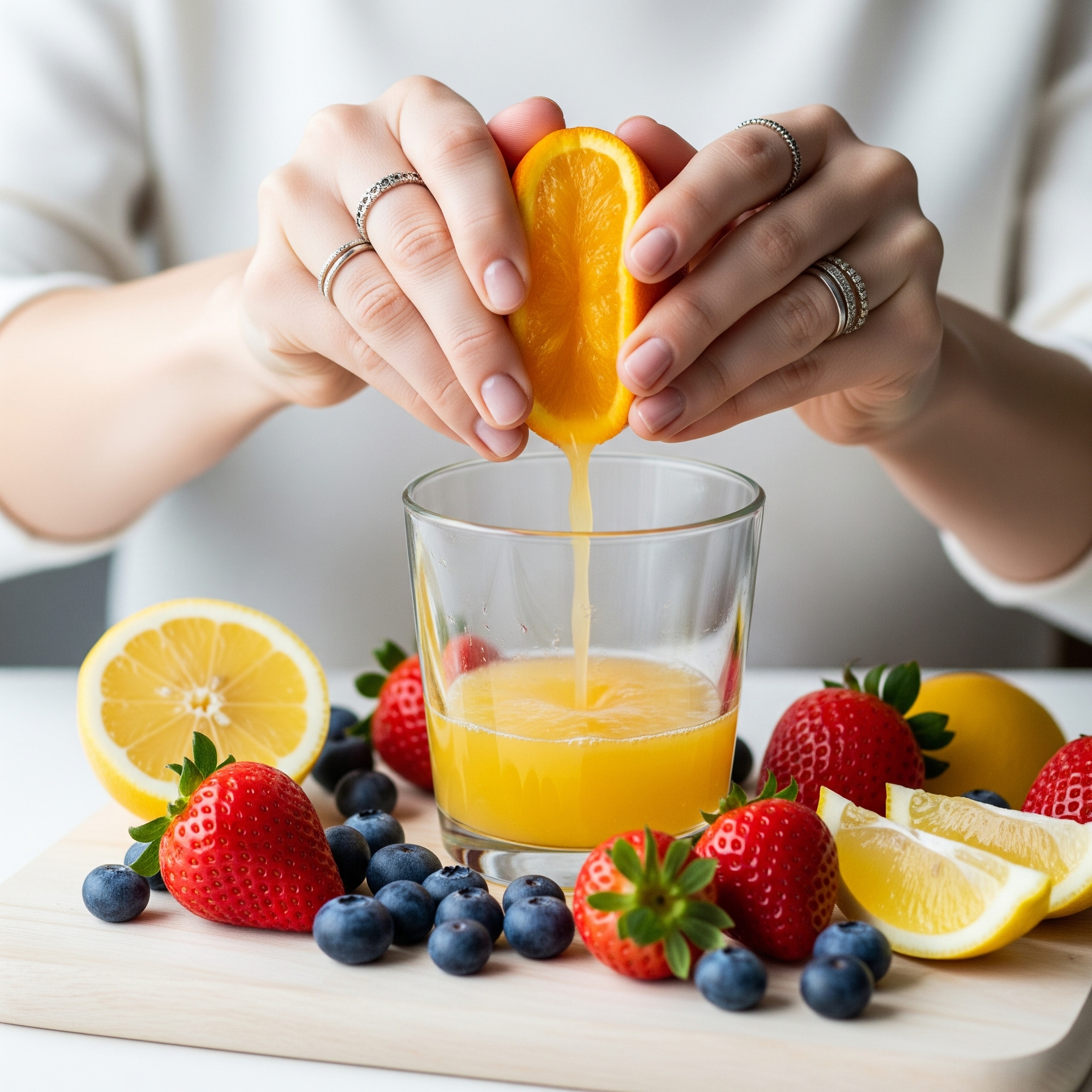 Mãos elegantes espremendo uma laranja para fazer suco fresco, com morangos e mirtilos ao redor em uma tábua de madeira.