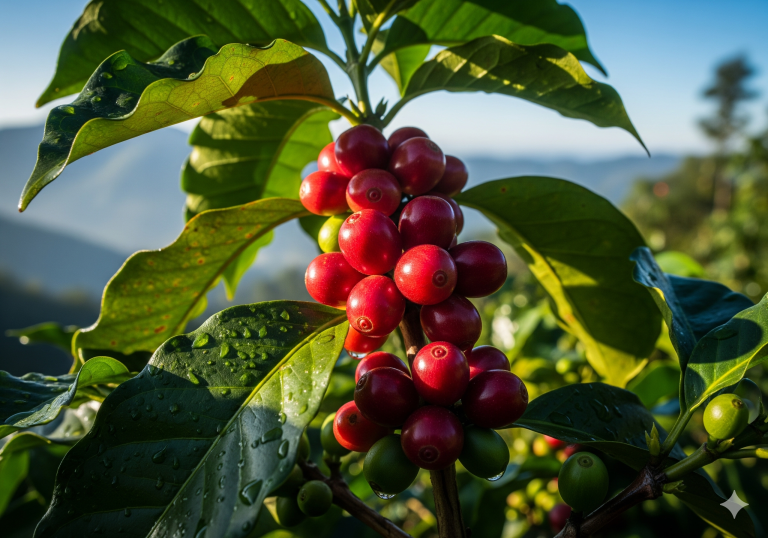 Uma foto em close de um ramo de café coberto de cerejas de café vermelhas e maduras. Algumas cerejas verdes também são visíveis na parte inferior do ramo. As folhas verdes e brilhantes da planta estão embaçadas no fundo, com gotas de água visíveis em algumas delas. No fundo, há montanhas desfocadas e um céu azul claro.