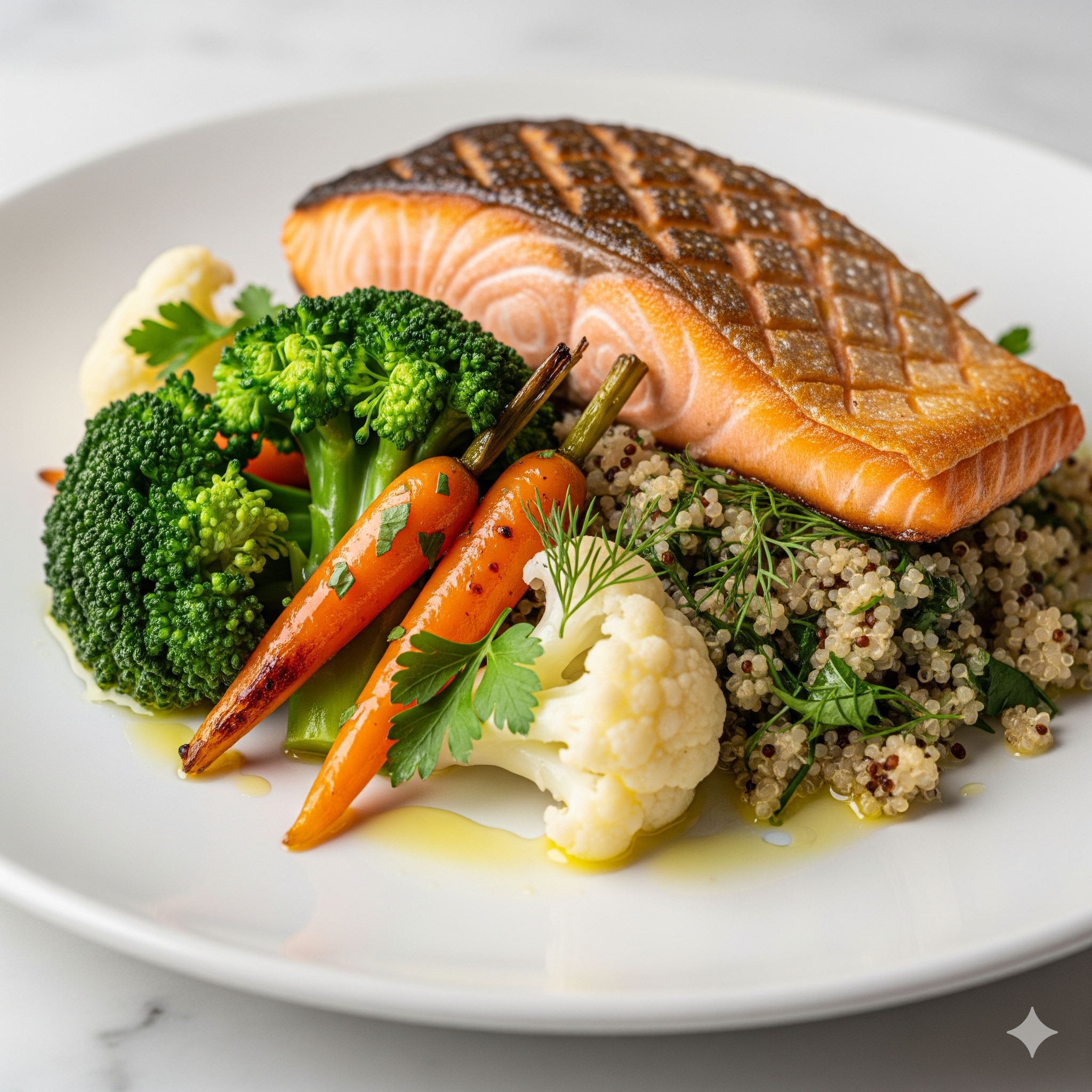 Uma visão em close-up de um prato individual com um filé de salmão grelhado. A pele do peixe tem marcas de grelha. Ele está sobre uma porção de quinoa com ervas frescas. Ao lado, há vegetais cozidos no vapor e assados, incluindo brócolis, couve-flor e cenouras pequenas. A refeição está servida em um prato branco sobre uma bancada de mármore, e um filete de azeite de oliva é visível na base dos alimentos.