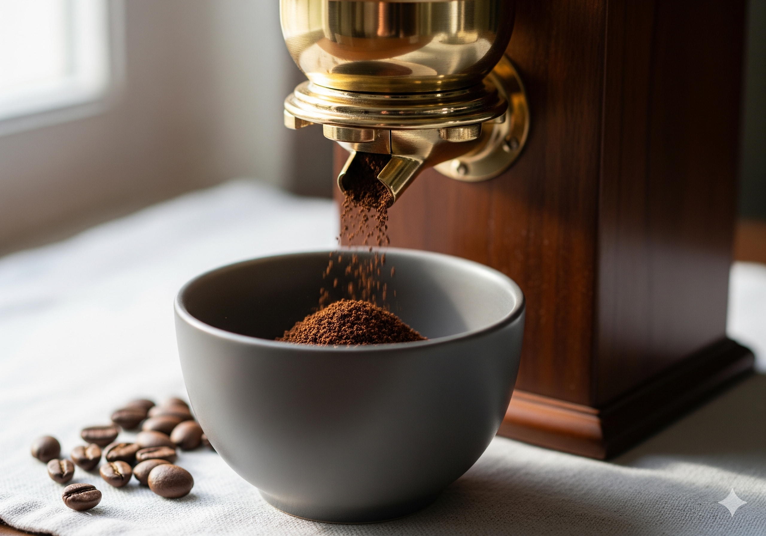 Uma moagem fina de café em um recipiente cinza, sendo despejada de um moedor de café com um corpo de madeira escura e um funil de metal dourado e brilhante. Alguns grãos de café inteiros estão espalhados na superfície branca abaixo do moedor e do recipiente. A iluminação vem de uma janela à esquerda da imagem.