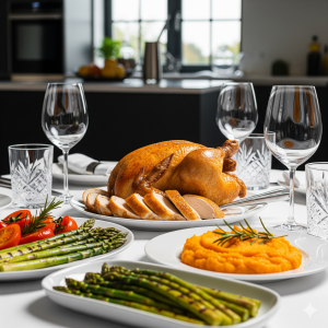 Uma refeição de rotisseria completa e sofisticada, pronta para ser servida em uma mesa de jantar moderna e elegante. A imagem foca em um frango assado inteiro e dourado, parcialmente fatiado e disposto em uma travessa branca. Ao redor, há pratos com acompanhamentos, como aspargos grelhados, tomates frescos e um purê de abóbora cremoso com alecrim. No fundo, copos de cristal e uma cozinha de design minimalista com armários escuros e bancadas claras. A luz natural ilumina a cena, ressaltando o frescor e a qualidade dos alimentos.