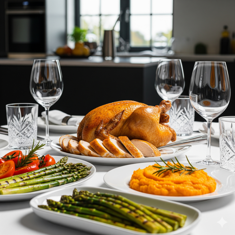 Uma refeição de rotisseria completa e sofisticada, pronta para ser servida em uma mesa de jantar moderna e elegante. A imagem foca em um frango assado inteiro e dourado, parcialmente fatiado e disposto em uma travessa branca. Ao redor, há pratos com acompanhamentos, como aspargos grelhados, tomates frescos e um purê de abóbora cremoso com alecrim. No fundo, copos de cristal e uma cozinha de design minimalista com armários escuros e bancadas claras. A luz natural ilumina a cena, ressaltando o frescor e a qualidade dos alimentos.