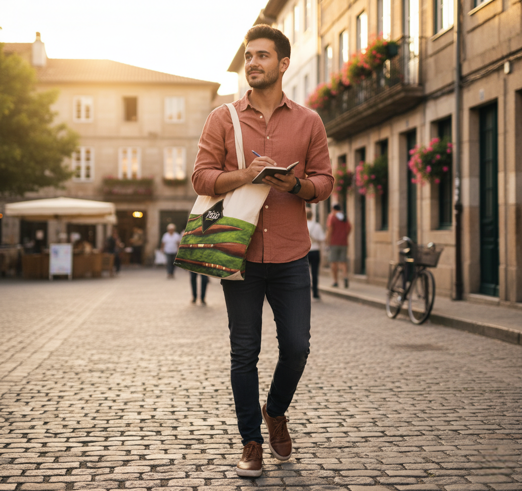 A imagem mostra um jovem adulto, com cabelo e barba, caminhando em um ambiente urbano com a ecobag verde do Pátio Gourmet no ombro. Ele usa uma camiseta branca, calça preta e tênis, e tem um fone de ouvido. O fundo é desfocado, com a rua e edifícios borrados, focando a atenção na figura e na bolsa, transmitindo uma sensação de movimento e de um estilo de vida casual.
