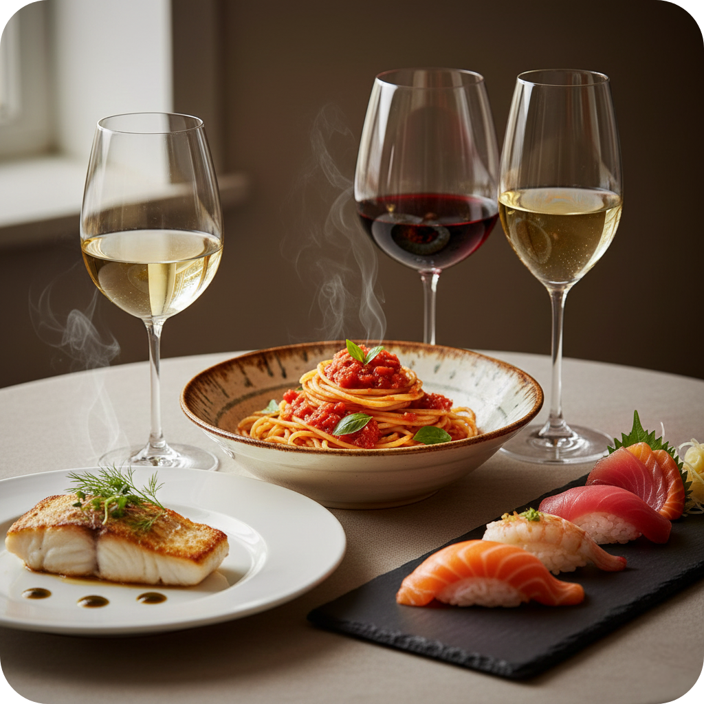 Uma mesa elegantemente arranjada com três harmonizações distintas: um prato de peixe branco grelhado com ervas e uma taça de vinho branco (Sauvignon Blanc), uma tigela de massa com molho de tomate fresco e uma taça de vinho tinto (Chianti), e uma seleção de sushi e sashimi acompanhada de outra taça de vinho branco. A imagem é ultrarrealista, com vapor sutil subindo da comida.