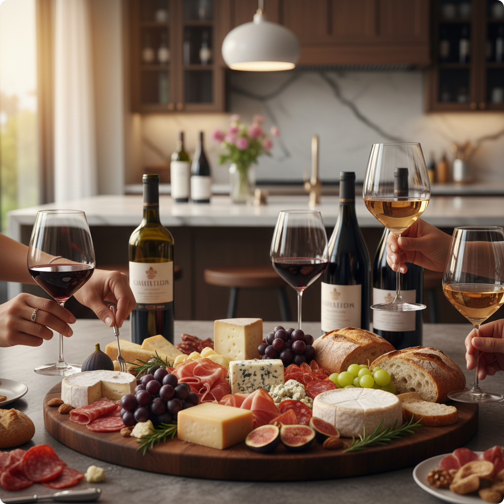 Uma imagem ultrarrealista mostra uma tábua de frios luxuosa e repleta de queijos importados, embutidos gourmet, frutas frescas e pães artesanais, no centro de uma mesa de jantar em uma cozinha moderna e sofisticada. Mãos de pessoas bem-vestidas seguram taças de vinho tinto, branco e rosé, brindando e interagindo com a comida, transmitindo uma atmosfera de celebração, conexão e indulgência refinada, perfeita para a experiência "Pátio Gourmet".