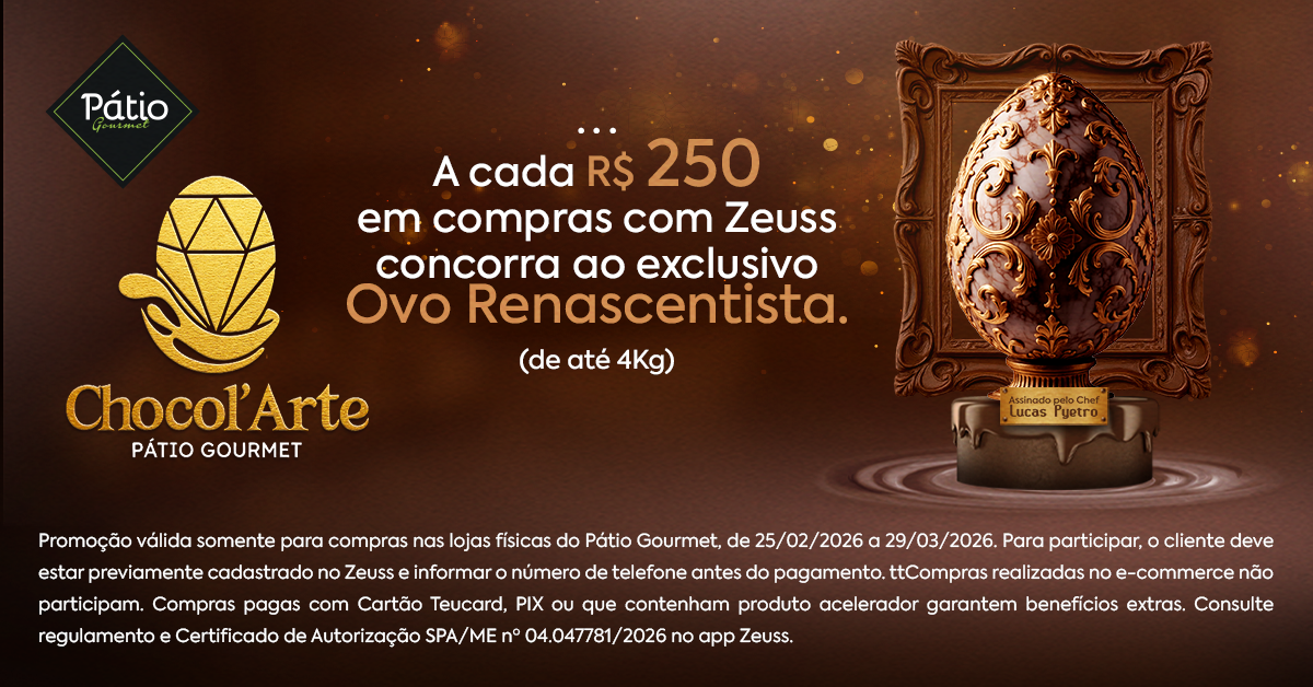 Banner promocional horizontal da Chocol'Arte Pátio Gourmet para a Páscoa. O fundo é marrom chocolate com grafismos dourados. No centro, o texto principal diz: 'A cada R$ 400 em compras em produtos de Páscoa Chocol'Arte, ganhe um número da sorte e concorra a prêmios'. À direita, a imagem de um ovo de Páscoa artístico com moldura clássica. No rodapé, os logotipos da Chocol'Arte e do Pátio Gourmet, além de um botão dourado com o texto 'Consulte o regulamento'