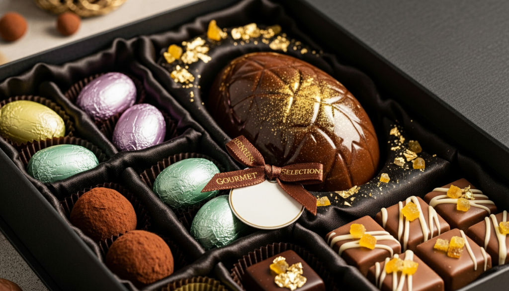 Close-up de uma elegante caixa de presente preta contendo uma seleção de chocolates gourmet. No destaque, um ovo de chocolate grande e brilhante com textura de colmeia e detalhes em pó de ouro. Ao redor, divisórias de cetim acomodam bombons quadrados decorados com raspas de laranja e folhas de ouro, trufas de cacau e mini ovos envoltos em papéis metalizados coloridos (rosa, verde e amarelo). Uma fita de cetim marrom com a inscrição 'Gourmet Selection' finaliza a embalagem luxuosa.
