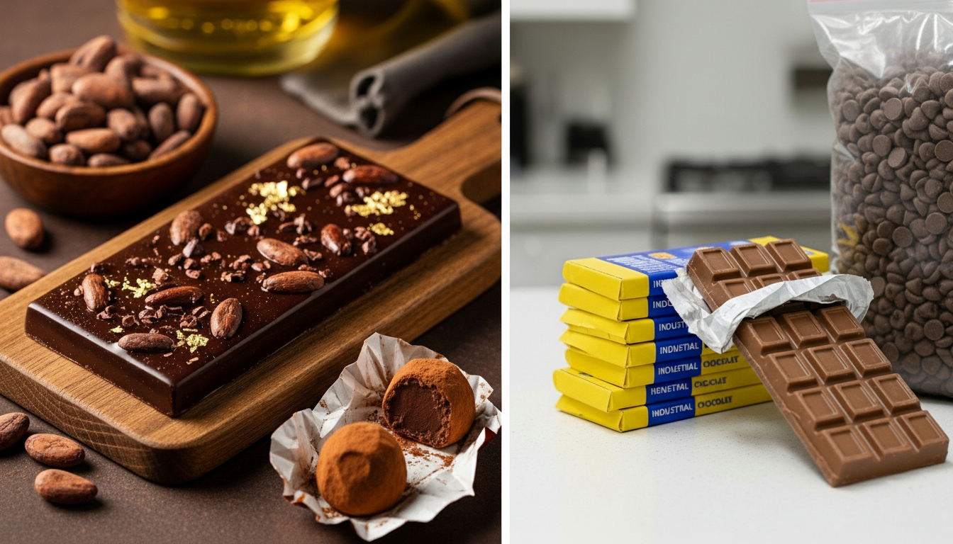 "Close-up das mãos de um chef chocolatier vestindo dólmã branca, trabalhando com precisão na finalização de ovos de Páscoa artesanais. Ele utiliza uma espátula para nivelar o chocolate temperado em moldes profissionais sobre uma bancada de metal. Ao fundo, uma prateleira exibe diversos ovos já prontos com texturas artísticas e detalhes dourados, sob uma iluminação quente que destaca o brilho e a qualidade do chocolate premium.